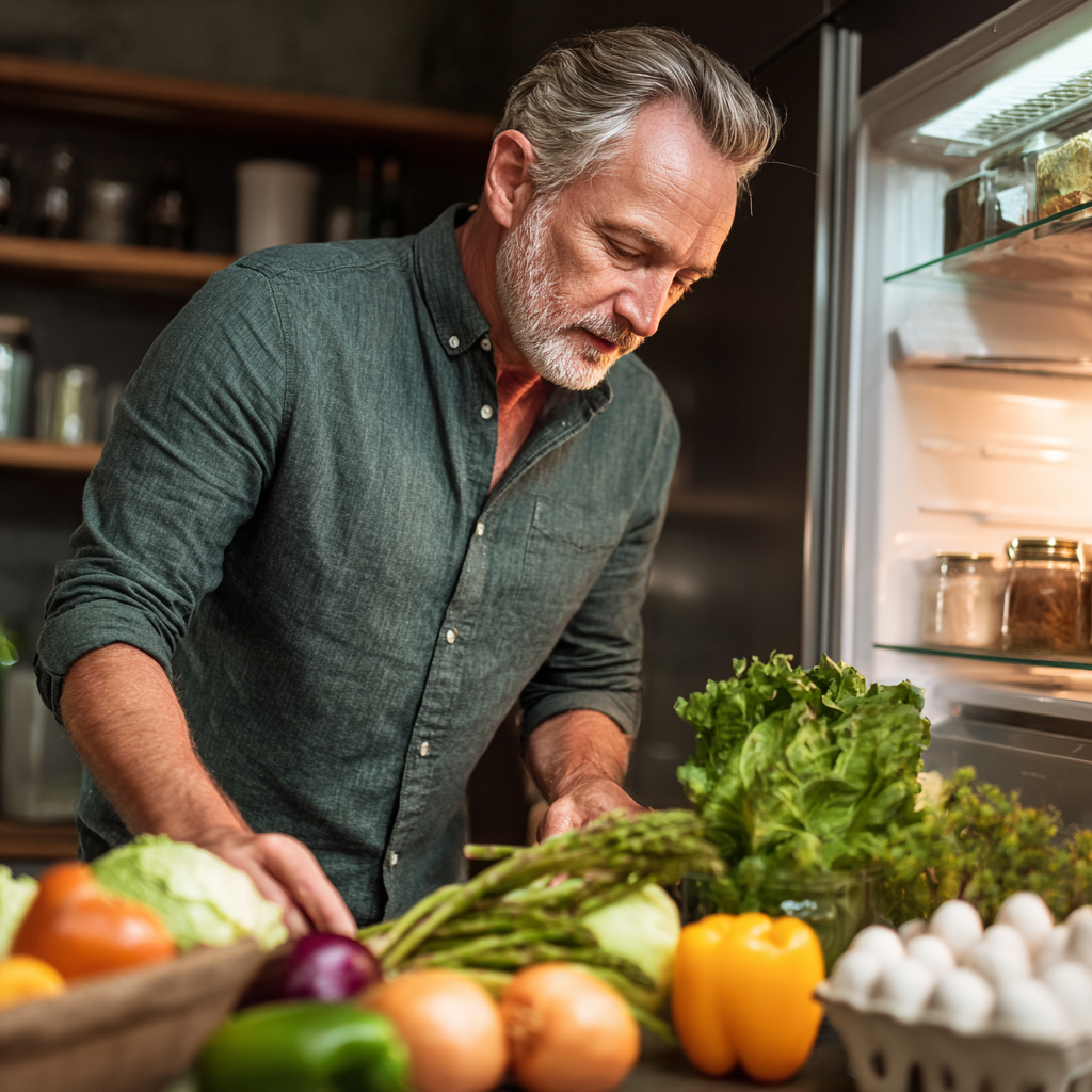 middle-aged adult carefully selecting fresh ingredients for healthy meal planning
